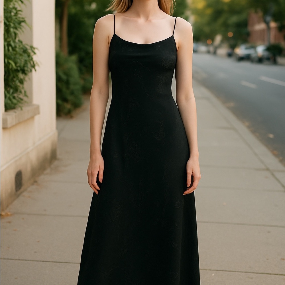 BYER TOO! California Y2K Black Maxi Dress w/ Spaghetti Straps Glitter Roses Sz S